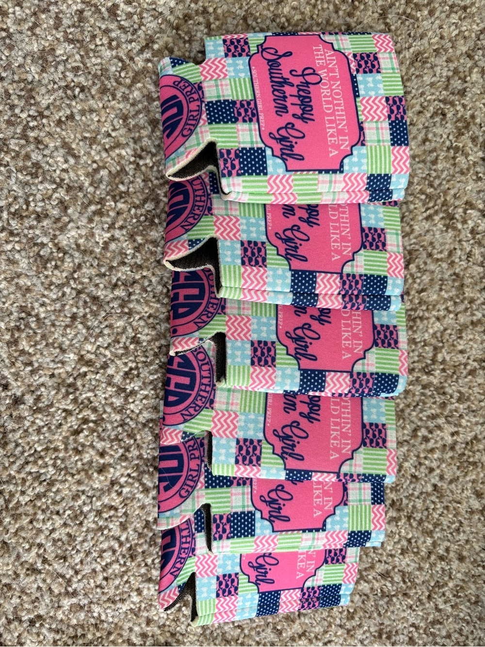 Southern Girl Patterned Can Cooler - Pink & Navy set of 6